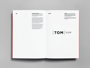 TOM brand guideline spread showing logotype, colour fields, and layout rules.