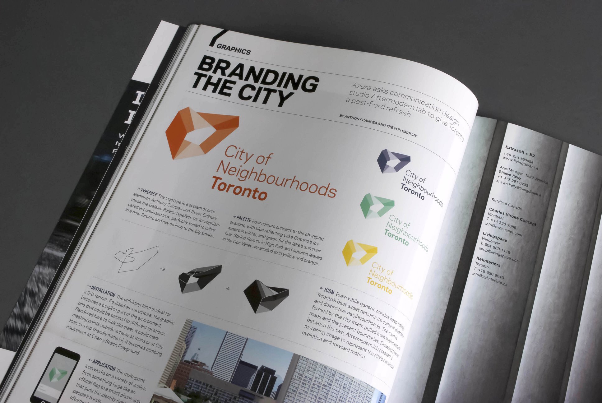 TOM identity applied in a retail environment, combining signage and print collateral.