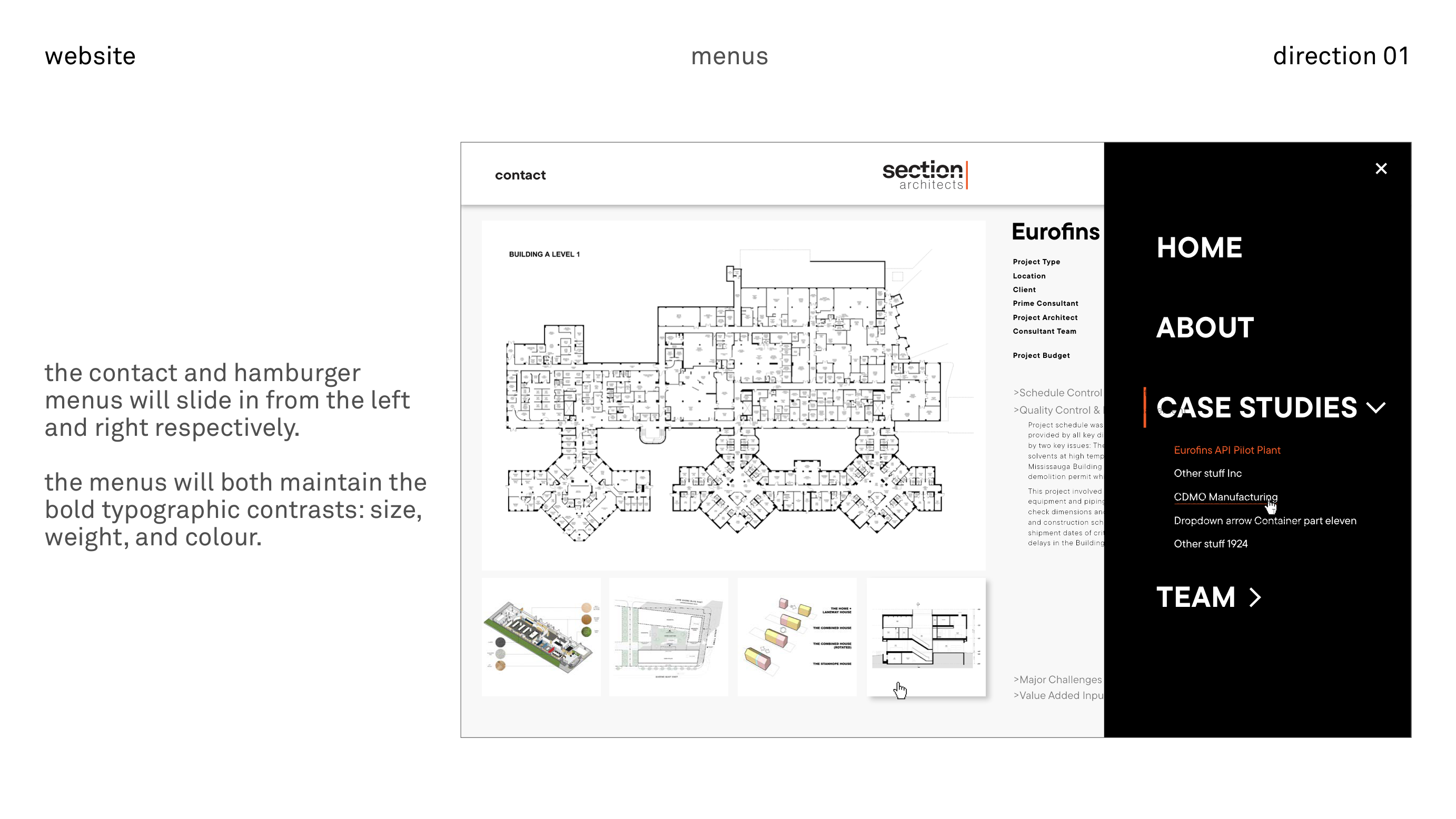 section architects website · navigation overlays