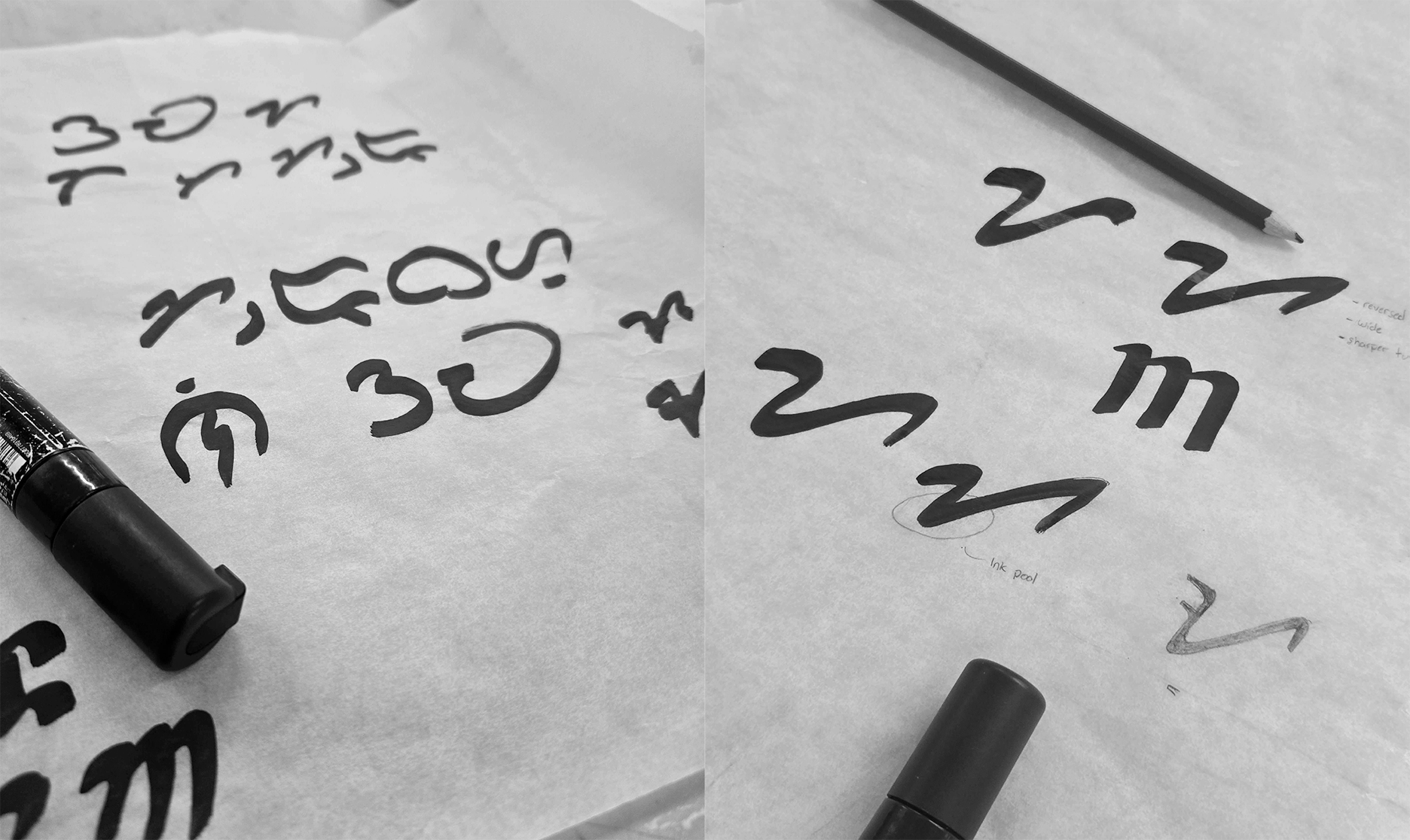Process spread from Nabua typeface, Baybayin handwriting studies.
